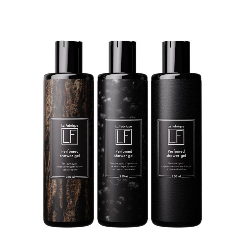 LA FABRIQUE Подарочный набор для мужчин: гель для душа с ароматами перец, кожа, дерево по 250 мл