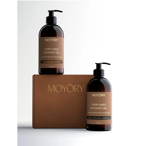 MOYORY Набор парфюмированных гелей для душа с ароматом Amber&Black Pepper, Peach,Patcholi,Maracuja 500 мл
