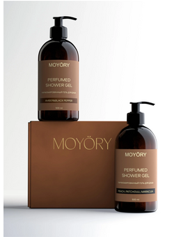 MOYORY Набор парфюмированных гелей для душа с ароматом Amber&Black Pepper, Peach,Patcholi,Maracuja 500 мл, изображение 1