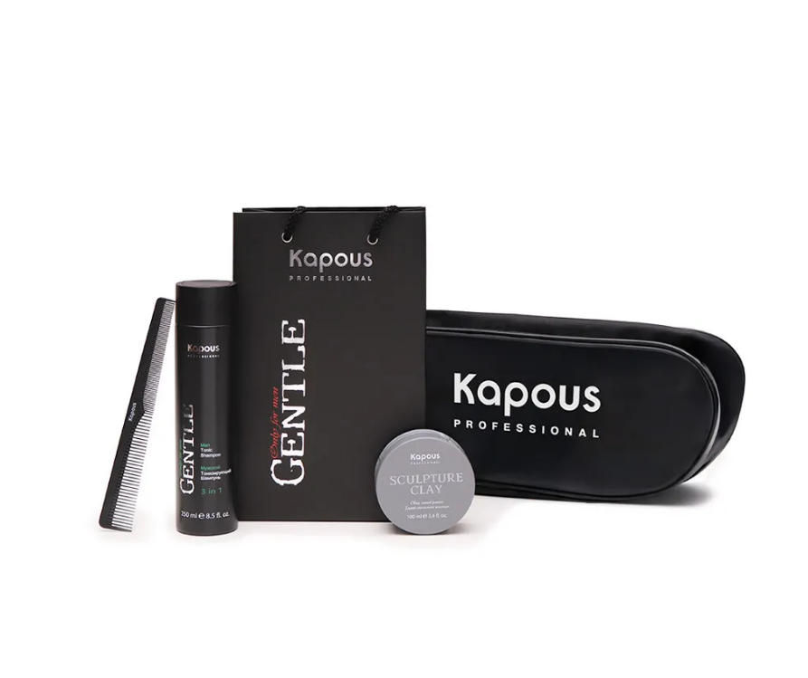 KAPOUS Мужской набор: сумка-чехол + расческа парикмахерская 25 мм +мужской тонизирующий шампунь 250 мл +глина для укладки волос
